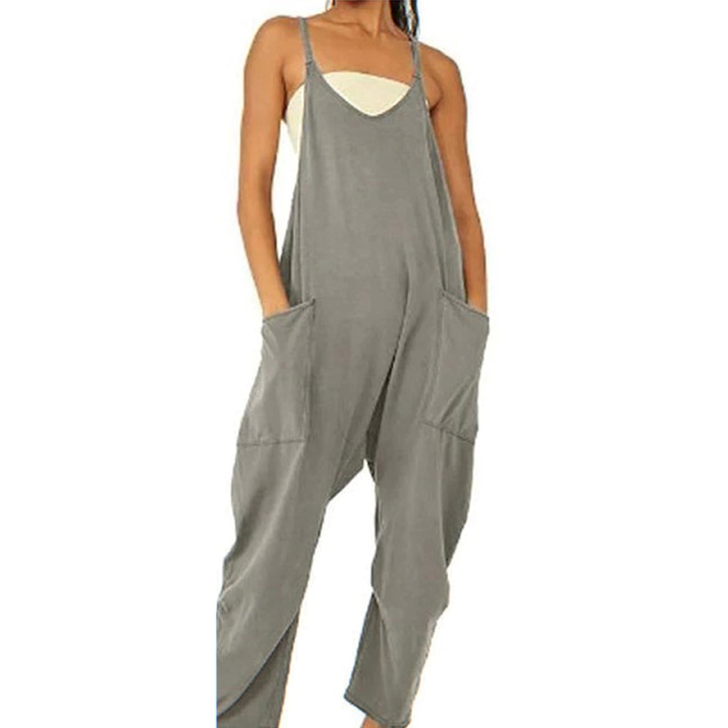 Lockerer, ärmelloser Damen-Jumpsuit mit Spaghettiträgern, Reißverschluss und Taschen – langer Stretch-Overall
